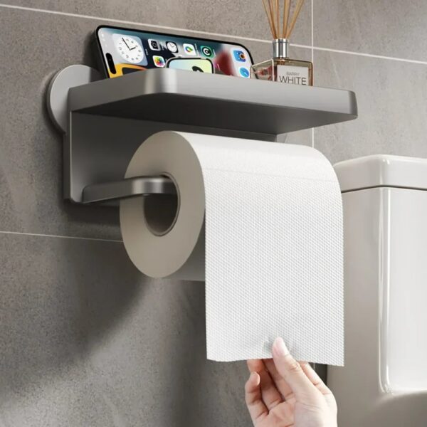 Space-saving Wall-mounted Toilet Paper Holder with Shelf for Phone and Bathroom Essentials